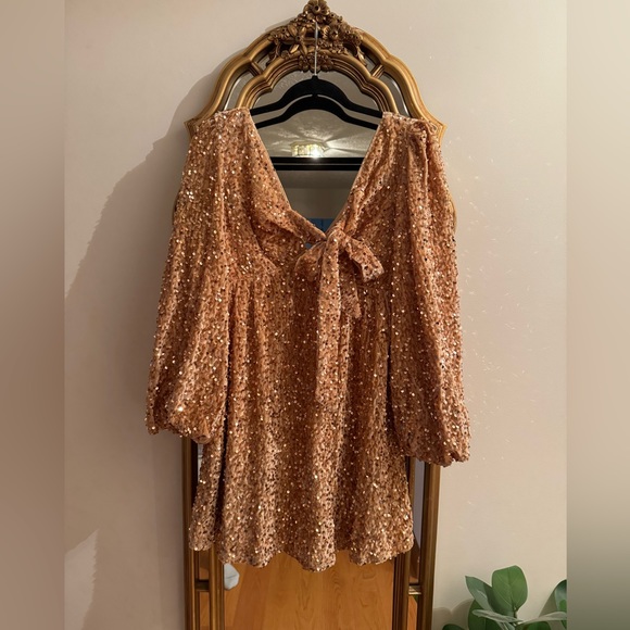 Gold Sequin Velour Front Tie Mini Dress - Picture 1 of 3